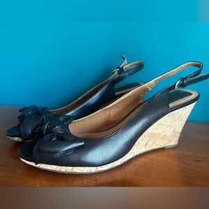 Clarks Black Leather Upper Bow Cork Wedge | Excellent / New?Exterior Condition